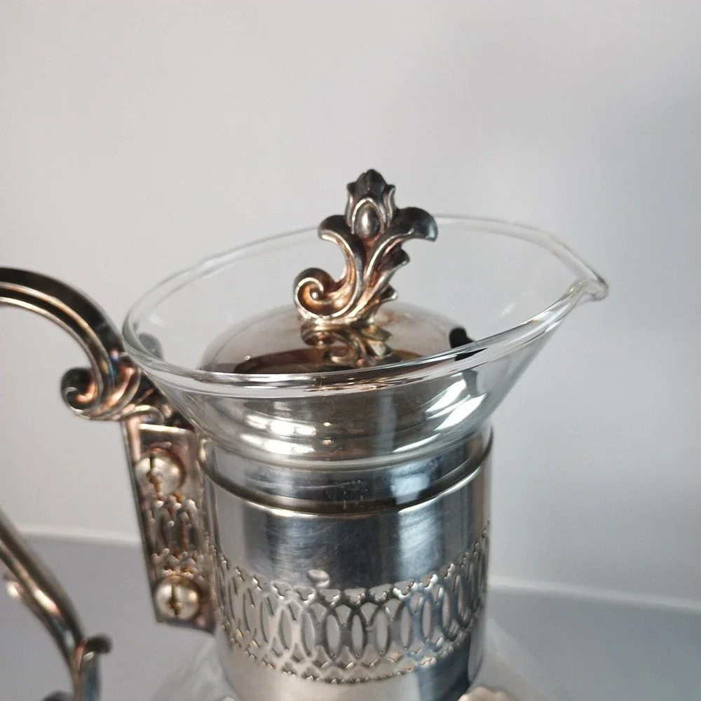 Vtg MCM Style Silver Plated & Glass Coffee Tea Carafe with Footed Warmer Stand